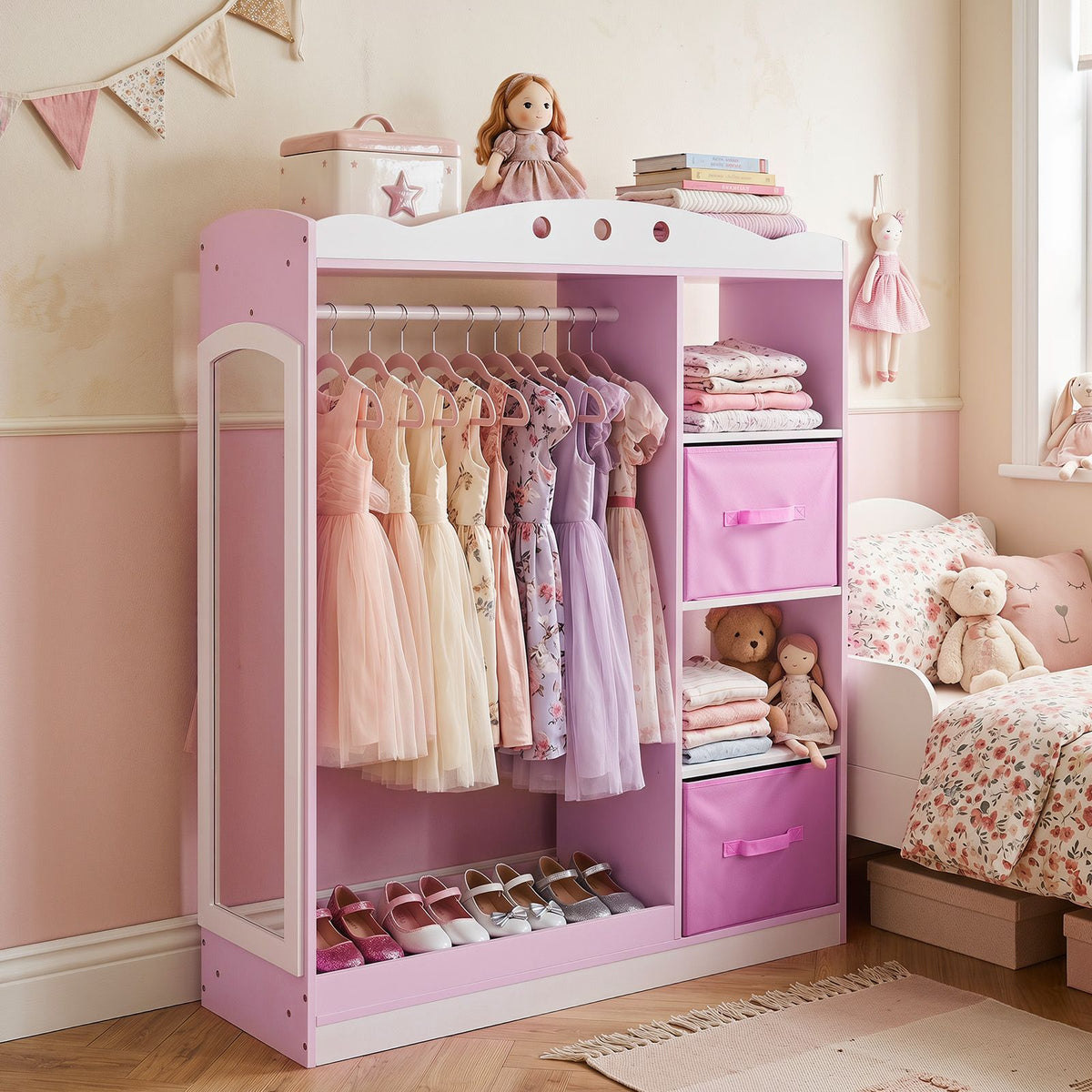 Kids Dress Up Storage Shelf with Mirror and Hanging Rod for Toddler Clothes