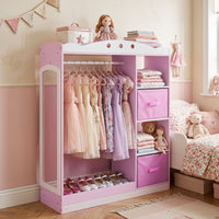 Kids Dress Up Storage Shelf with Mirror and Hanging Rod for Toddler Clothes