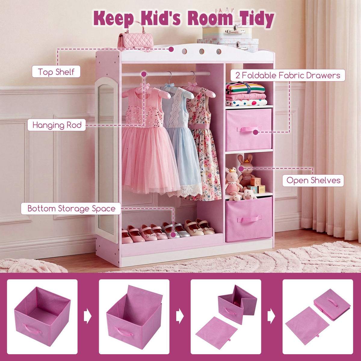 Kids Dress Up Storage Shelf with Mirror and Hanging Rod for Toddler Clothes