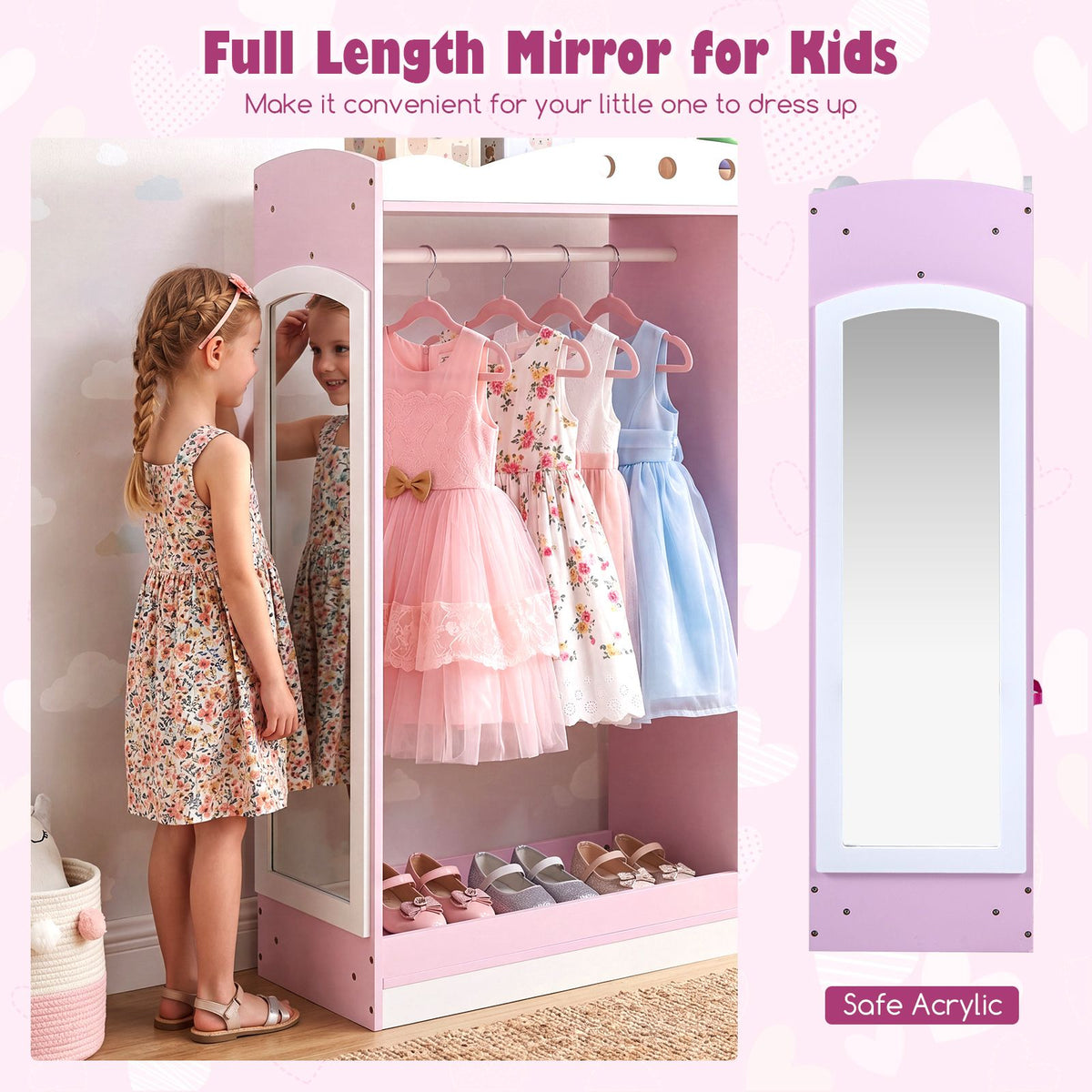 Kids Dress Up Storage Shelf with Mirror and Hanging Rod for Toddler Clothes