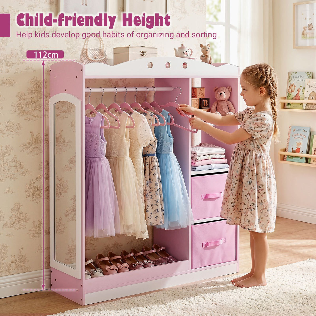Kids Dress Up Storage Shelf with Mirror and Hanging Rod for Toddler Clothes