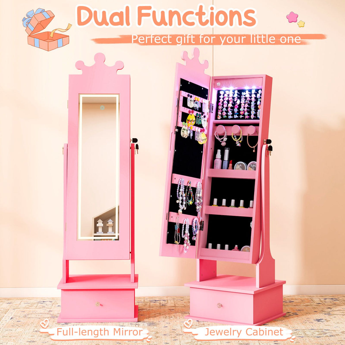 Kids Jewelry Cabinet with 2 Tilt Angles and 4 Sensor Lights