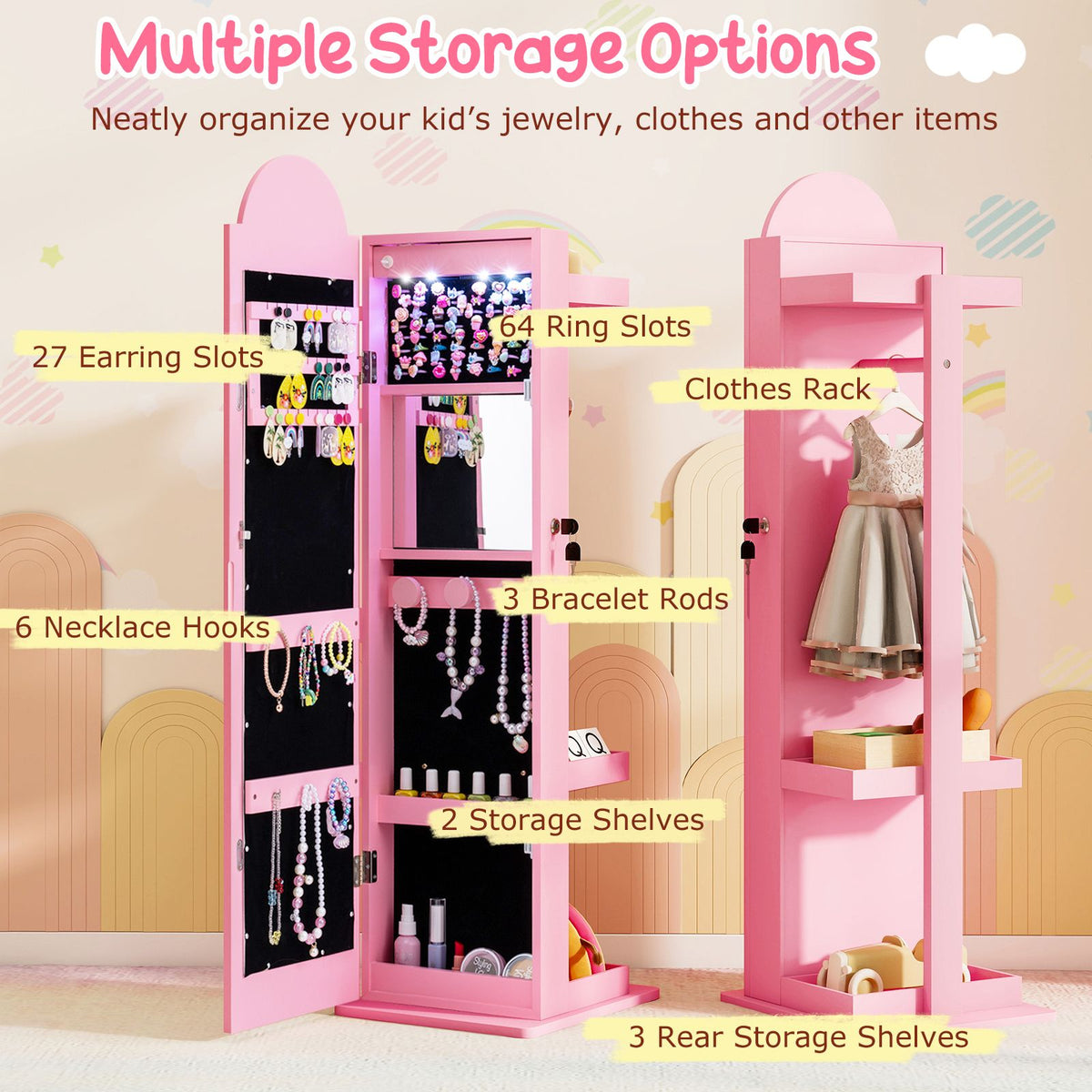 Kids Jewelry Cabinet with Lights with Full-Length Mirror