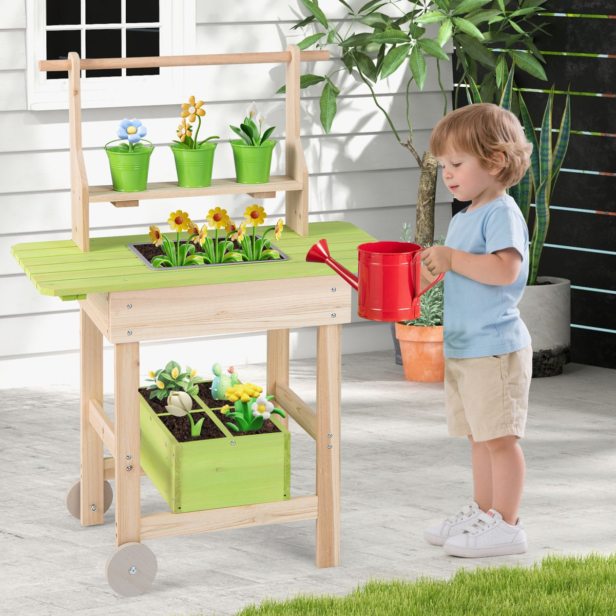 Kids Mud Kitchen Outdoor Play Pretend Kitchen with Removable Pots Watering Can