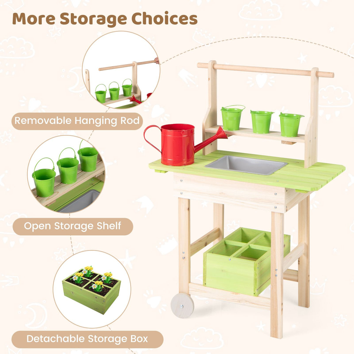 Kids Mud Kitchen Outdoor Play Pretend Kitchen with Removable Pots Watering Can