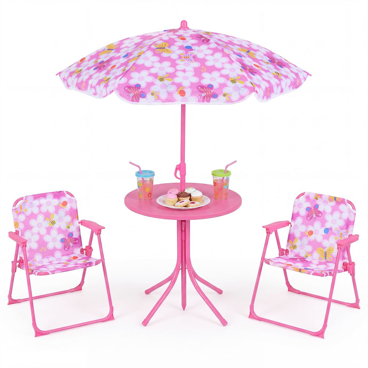 Kids Picnic Table with 2 Folding Chairs and Height Adjustable Umbrella for Garden