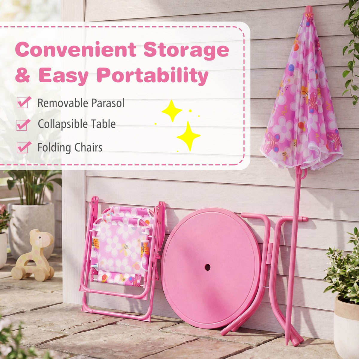 Kids Picnic Table with 2 Folding Chairs and Height Adjustable Umbrella for Garden