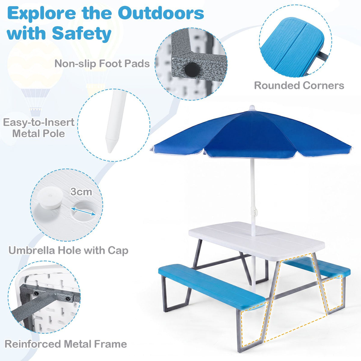 Kids Picnic Table with Benches and Umbrella Seats 4 for Lawn Garden Patio