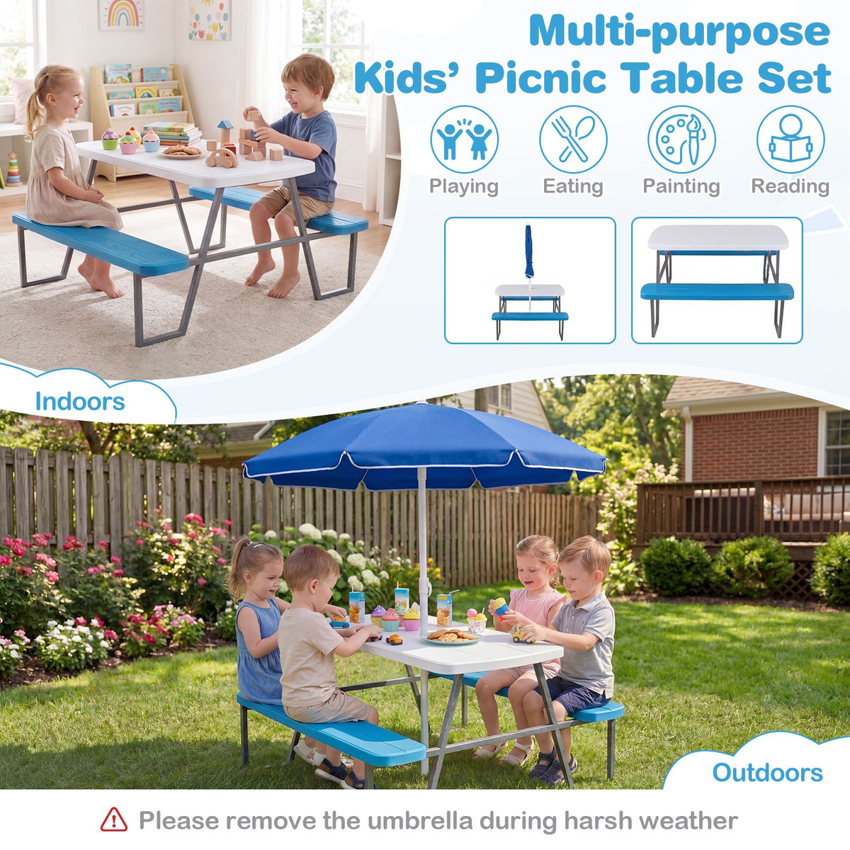 Kids Picnic Table with Benches and Umbrella Seats 4 for Lawn Garden Patio