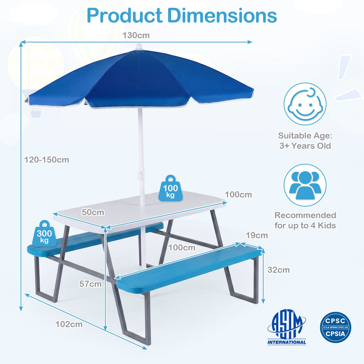 Kids Picnic Table with Benches and Umbrella Seats 4 for Lawn Garden Patio