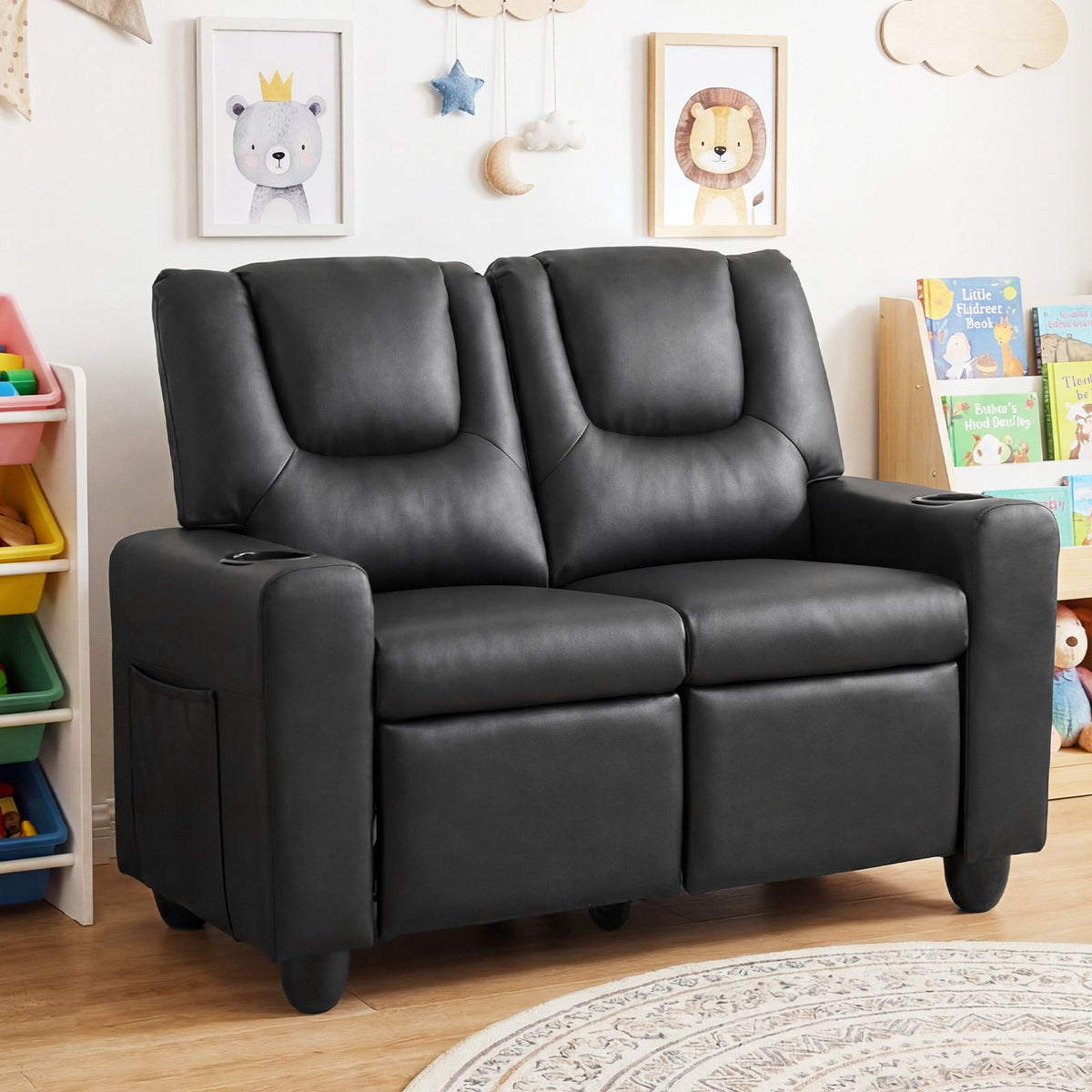 2-Seater Kids Recliner Chair with 2 Cup Holders and 2 Side Storage Pockets