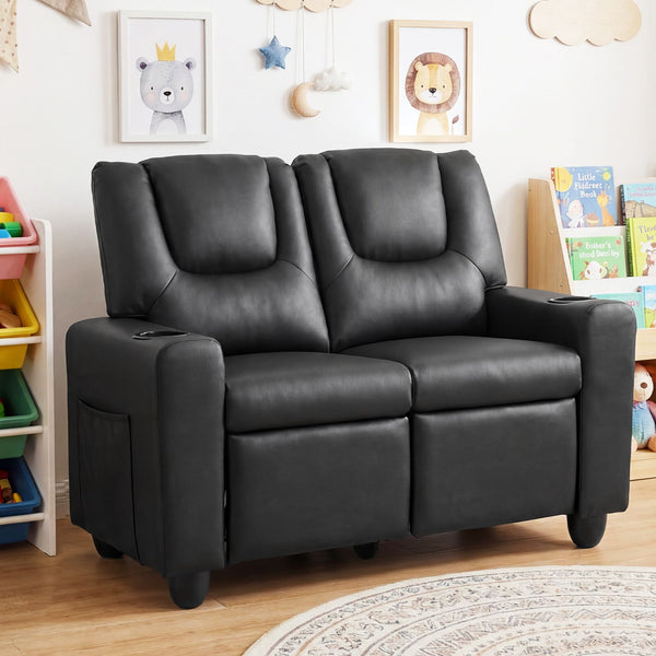 2-Seater Kids Recliner Chair with 2 Cup Holders and 2 Side Storage Pockets