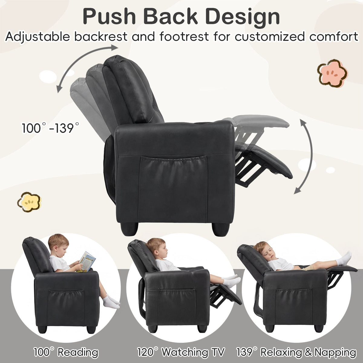 2-Seater Kids Recliner Chair with 2 Cup Holders and 2 Side Storage Pockets