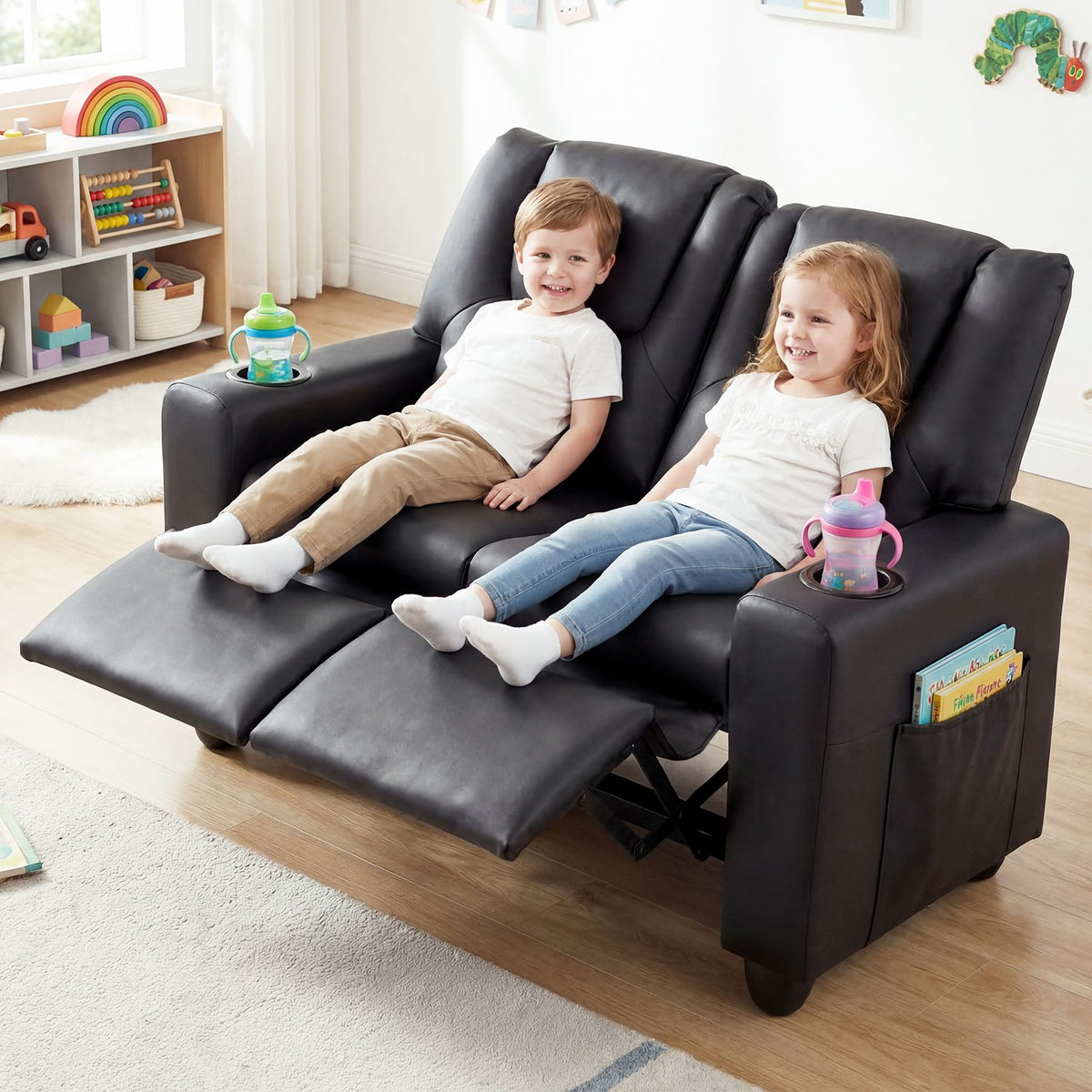 2-Seater Kids Recliner Chair with 2 Cup Holders and 2 Side Storage Pockets