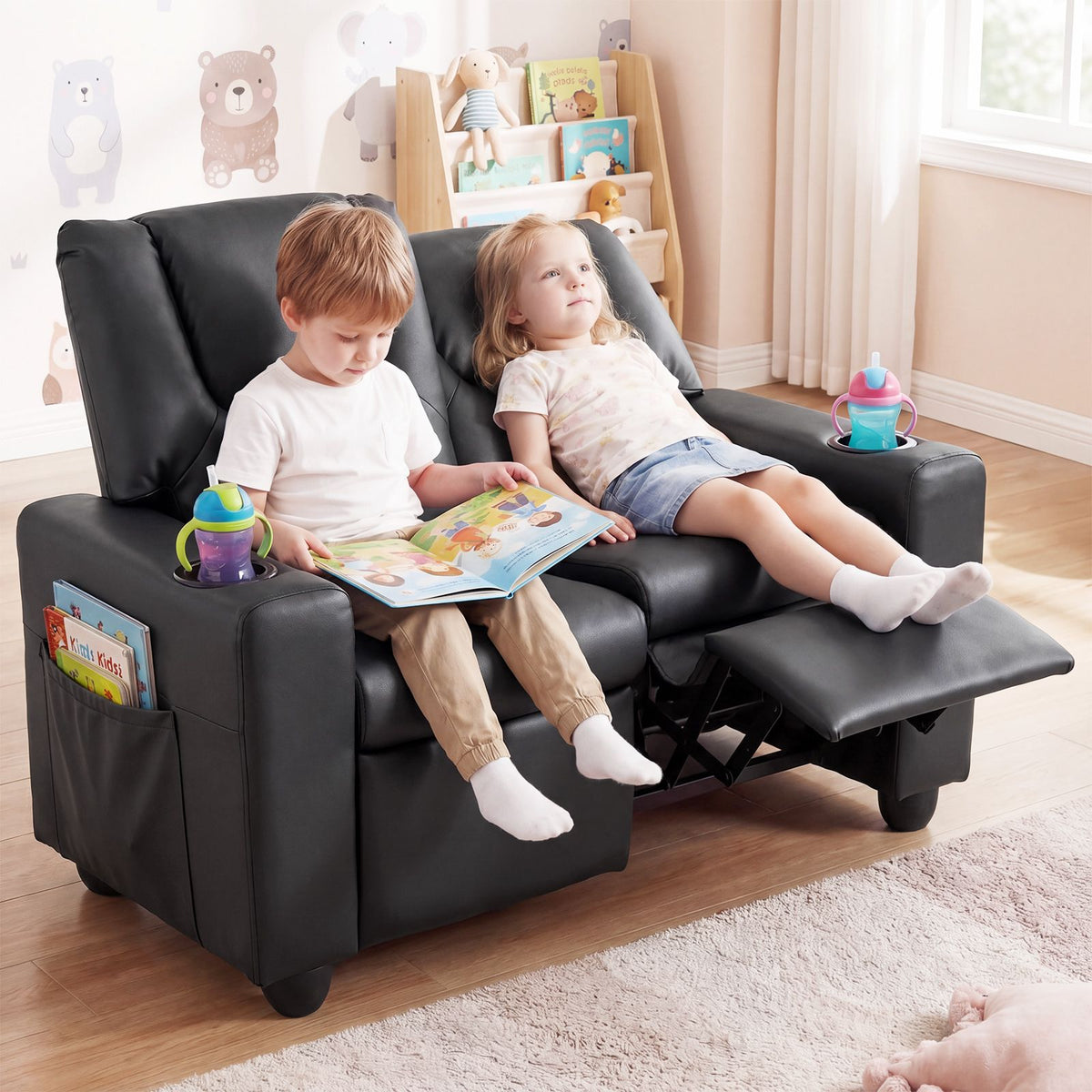 2-Seater Kids Recliner Chair with 2 Cup Holders and 2 Side Storage Pockets