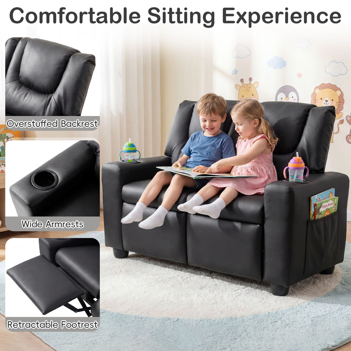2-Seater Kids Recliner Chair with 2 Cup Holders and 2 Side Storage Pockets