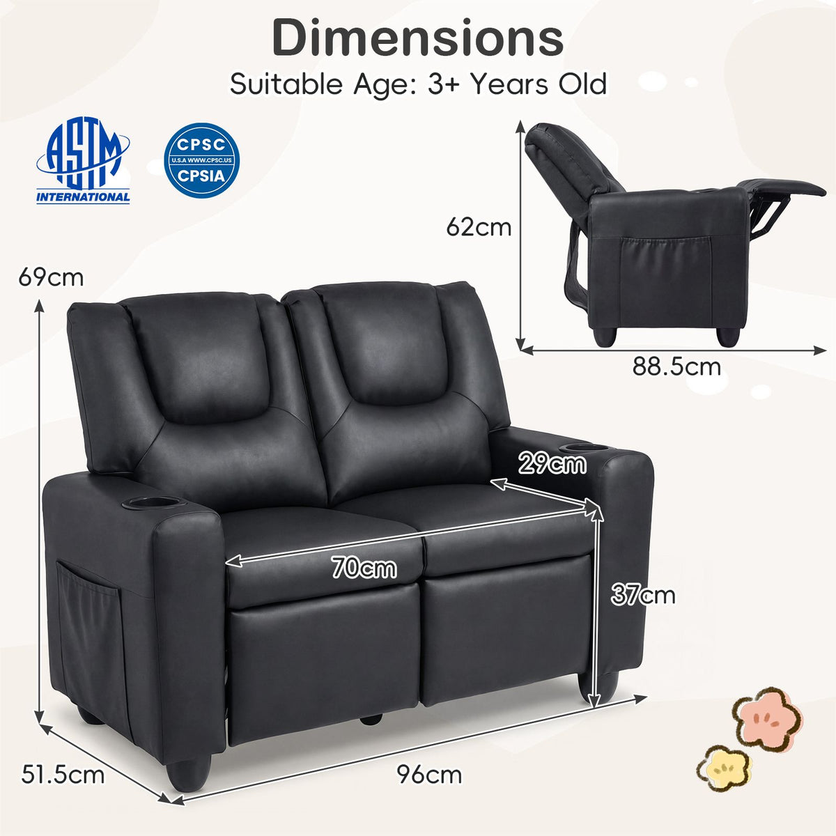 2-Seater Kids Recliner Chair with 2 Cup Holders and 2 Side Storage Pockets