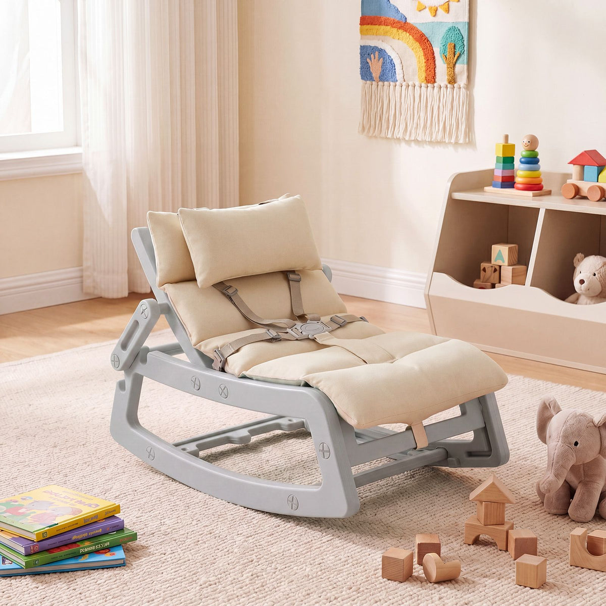Kids Rocking Chair with Adjustable Backrest & Washable Cushion for 6+ Months