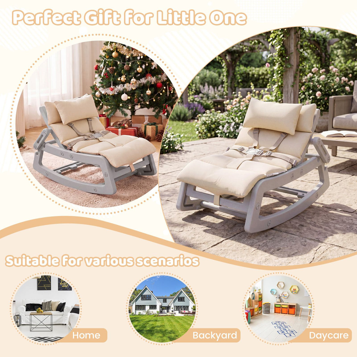 Kids Rocking Chair with Adjustable Backrest & Washable Cushion for 6+ Months