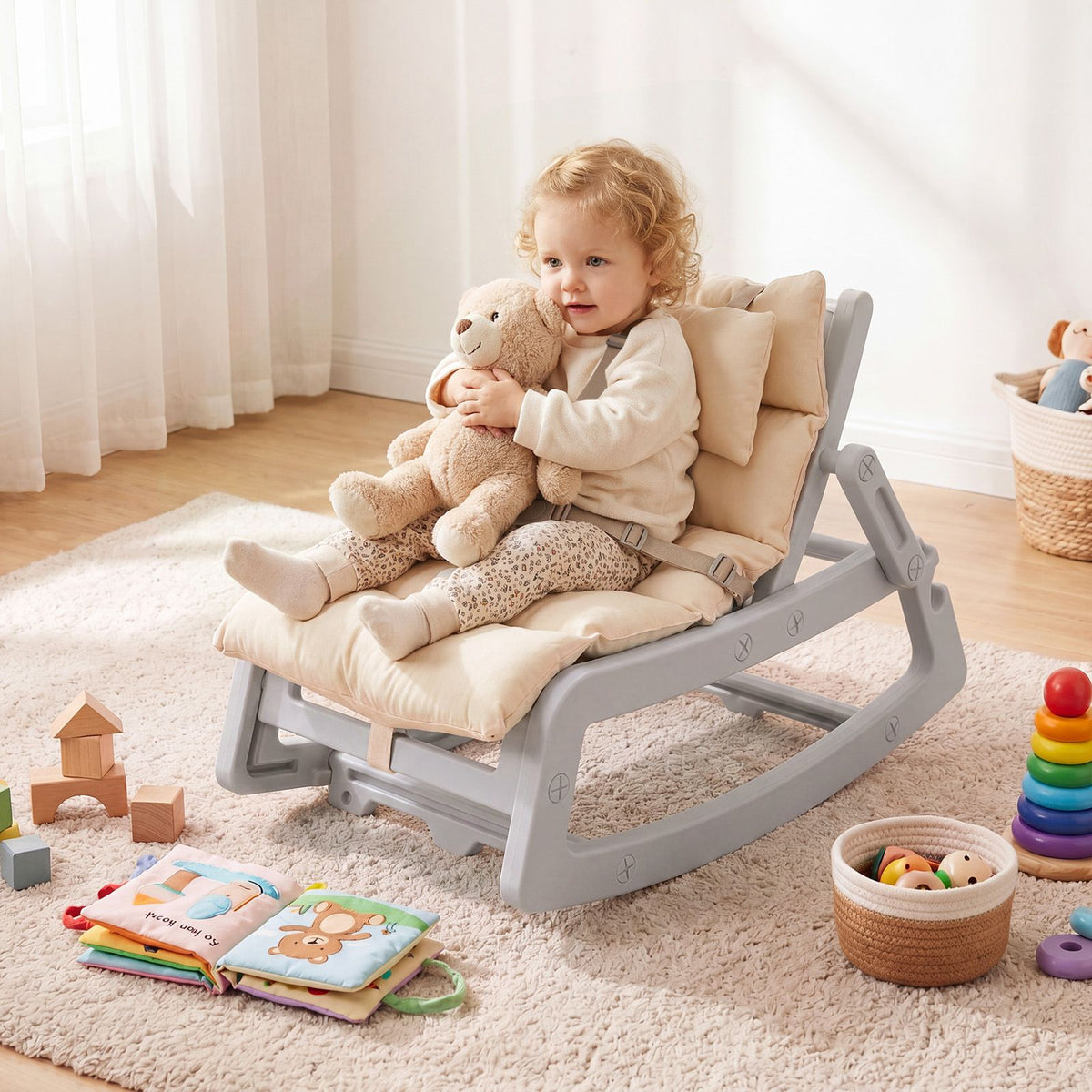 Kids Rocking Chair with Adjustable Backrest & Washable Cushion for 6+ Months