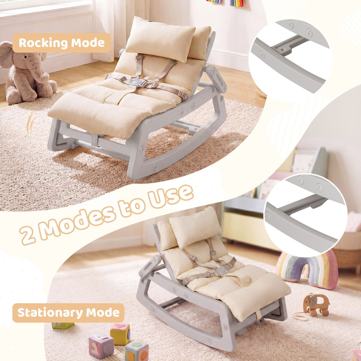 Kids Rocking Chair with Adjustable Backrest & Washable Cushion for 6+ Months