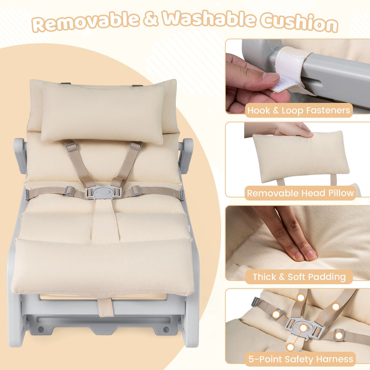 Kids Rocking Chair with Adjustable Backrest & Washable Cushion for 6+ Months