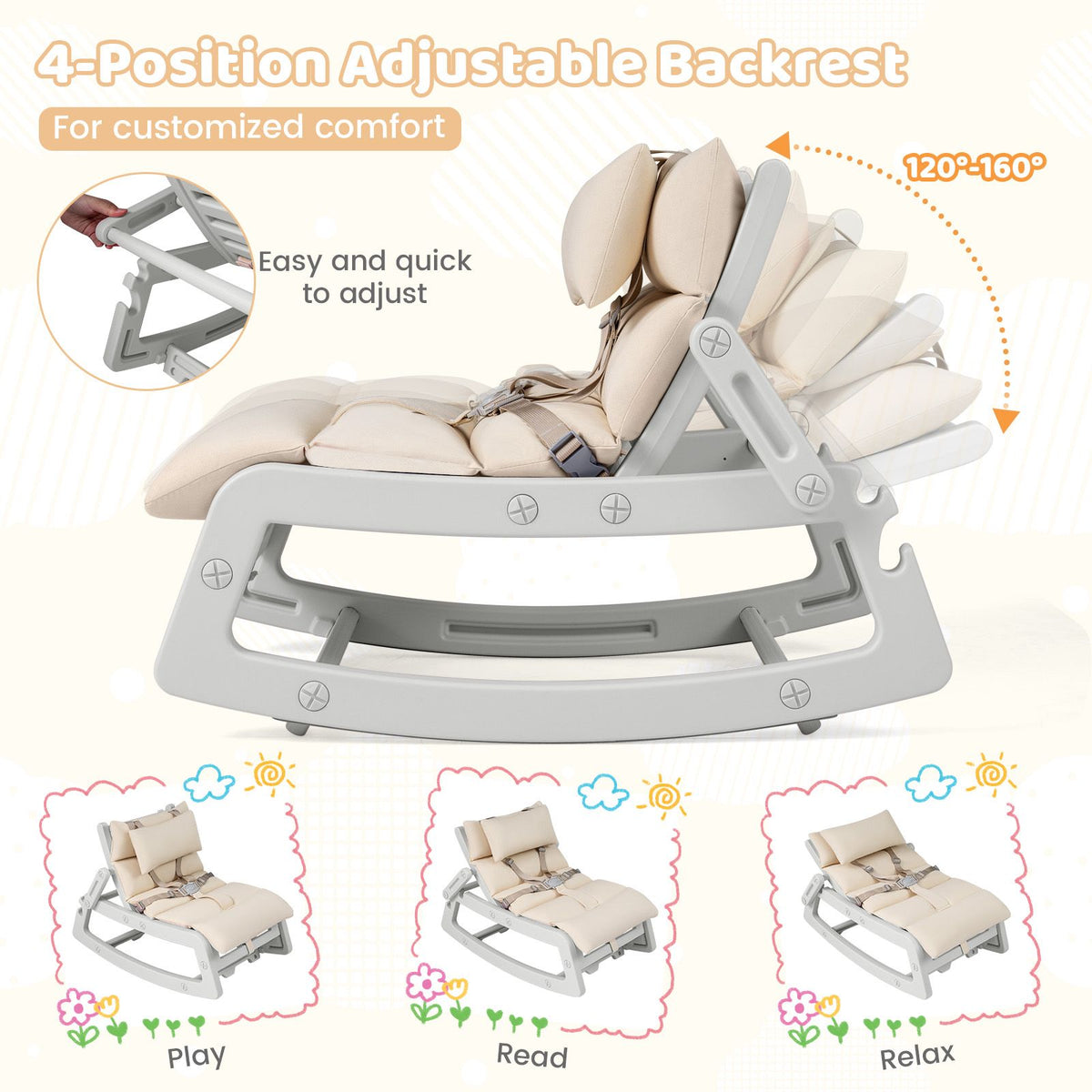 Kids Rocking Chair with Adjustable Backrest & Washable Cushion for 6+ Months