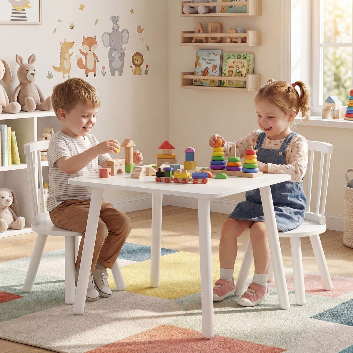 Kids Table and 2 Chairs Set Wooden Activity Table with Curved Spindle Back
