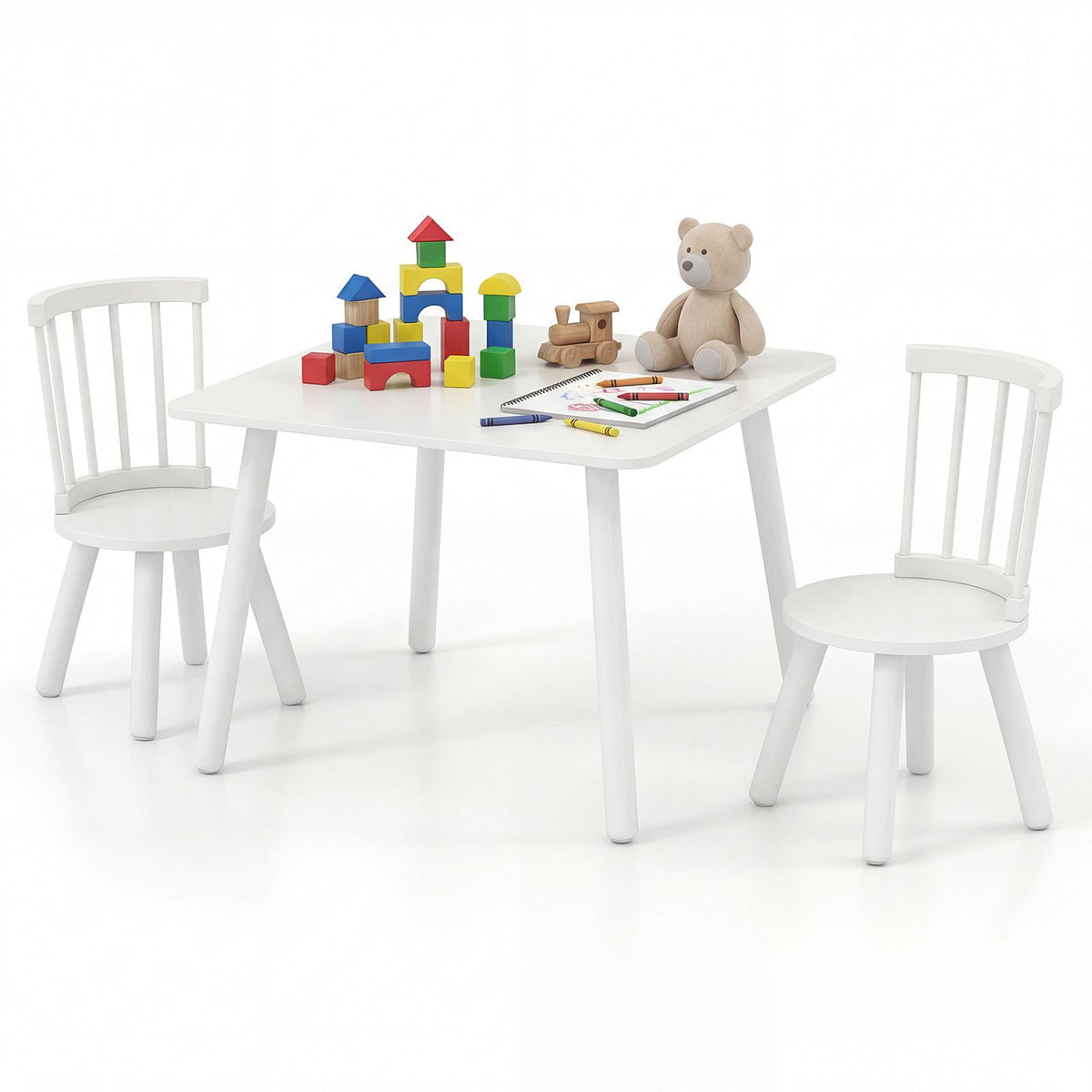 Kids Table and 2 Chairs Set Wooden Activity Table with Curved Spindle Back
