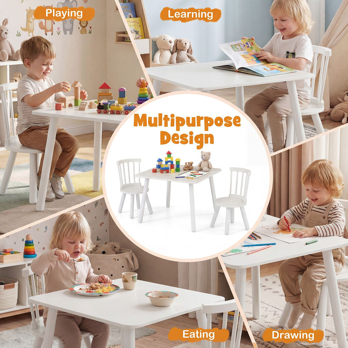 Kids Table and 2 Chairs Set Wooden Activity Table with Curved Spindle Back
