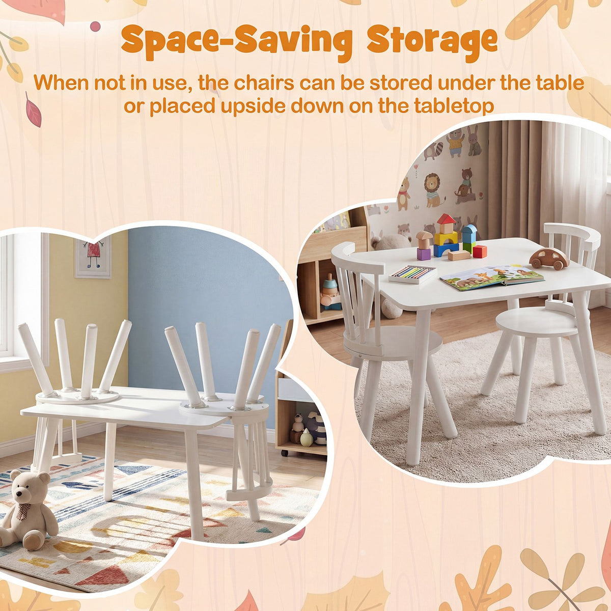 Kids Table and 2 Chairs Set Wooden Activity Table with Curved Spindle Back