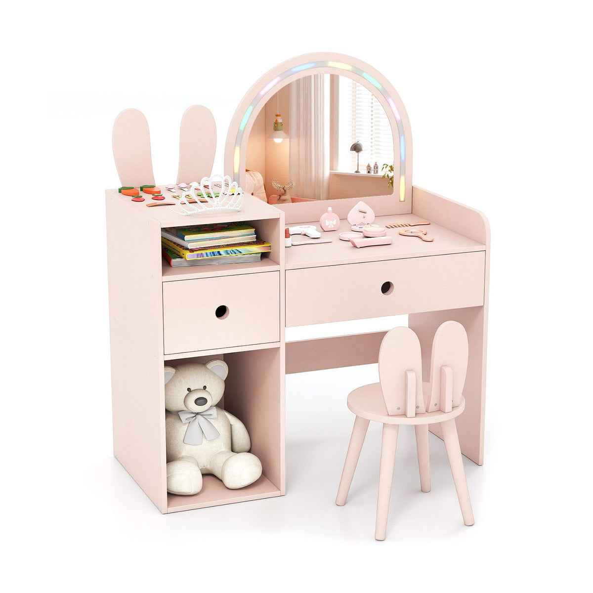 Kids Vanity Desk with Lights Princess Bunny Makeup Table with Lighted Mirror