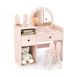 Kids Vanity Desk with Lights Princess Bunny Makeup Table with Lighted Mirror