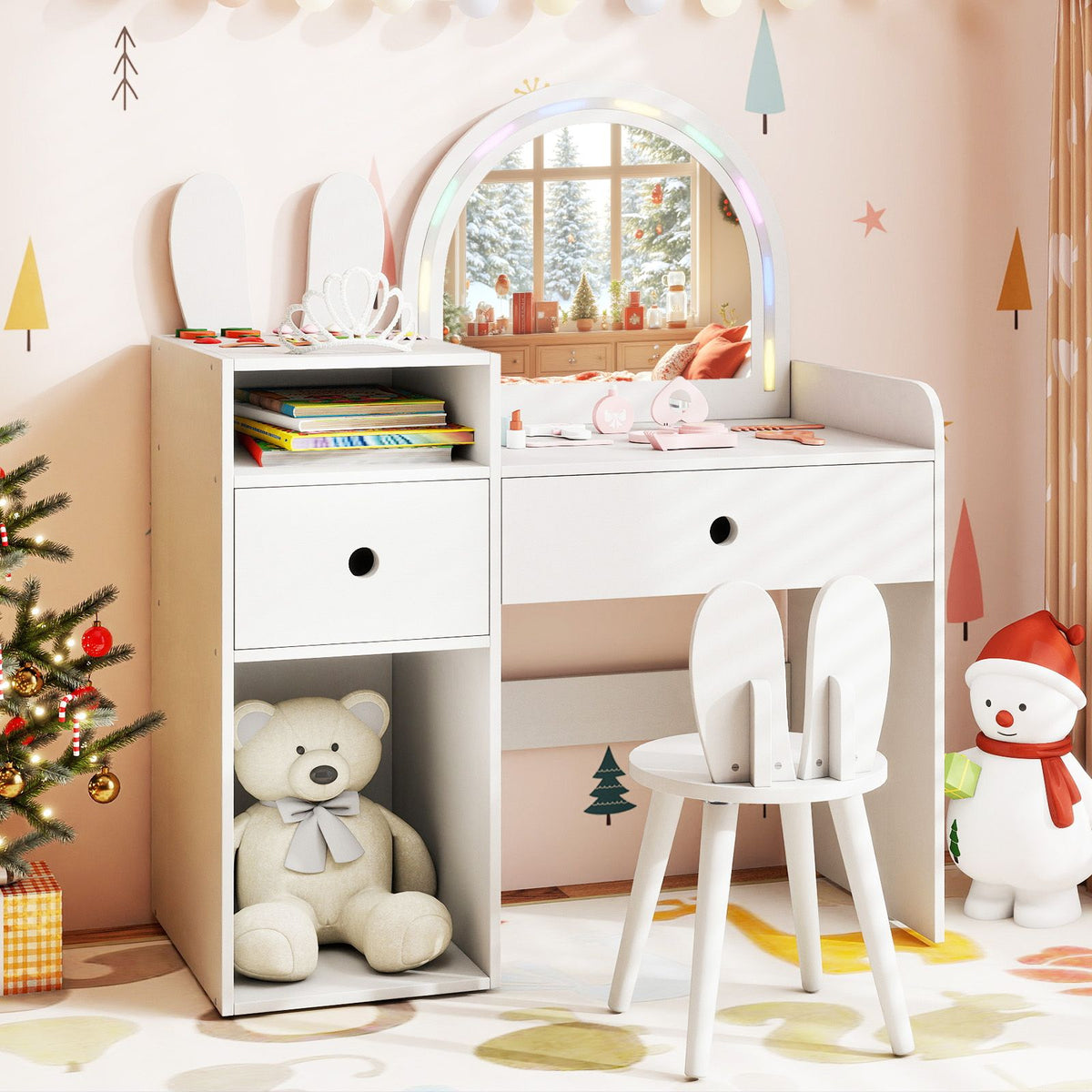 Kids Vanity Desk with Lights Princess Bunny Makeup Table with Lighted Mirror