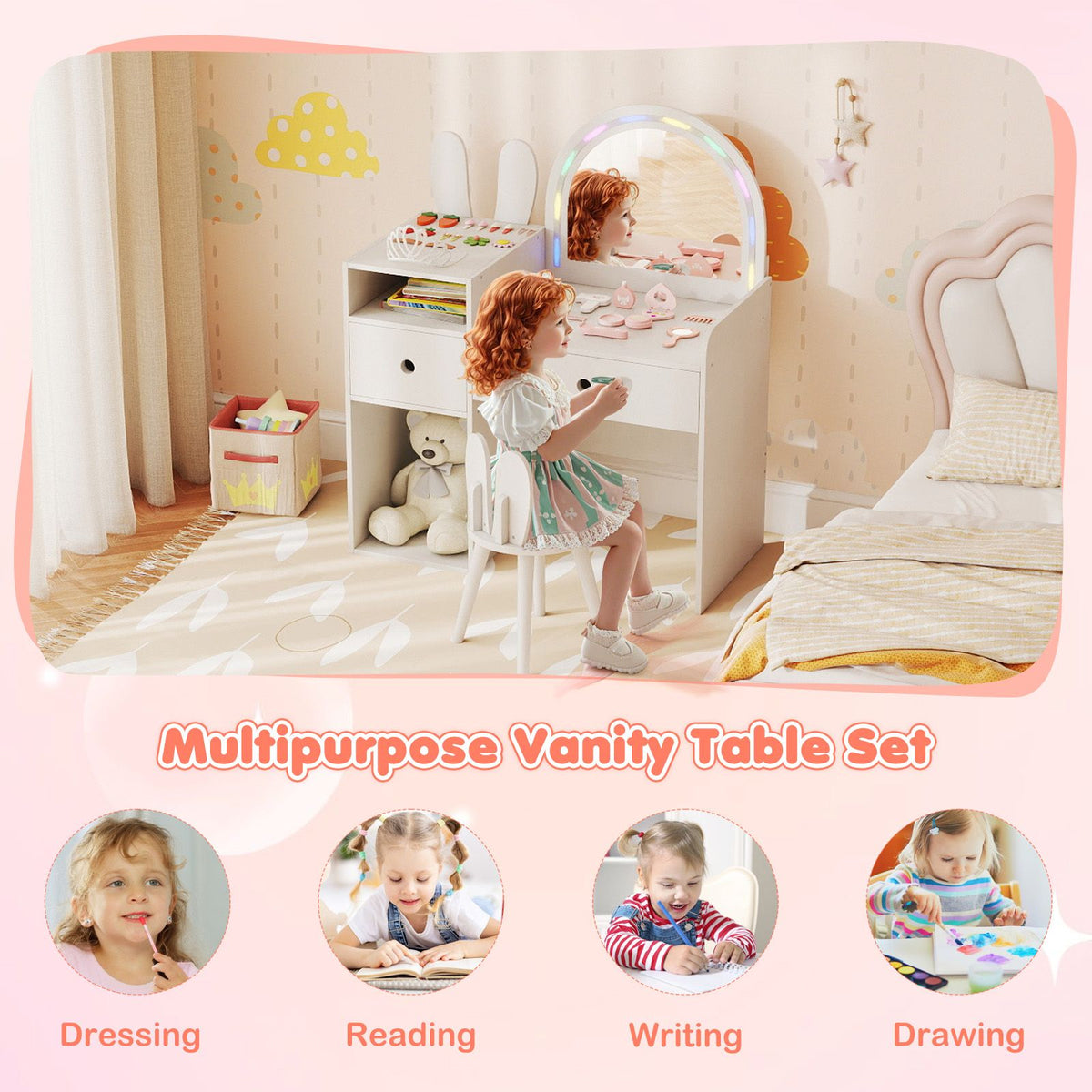 Kids Vanity Desk with Lights Princess Bunny Makeup Table with Lighted Mirror