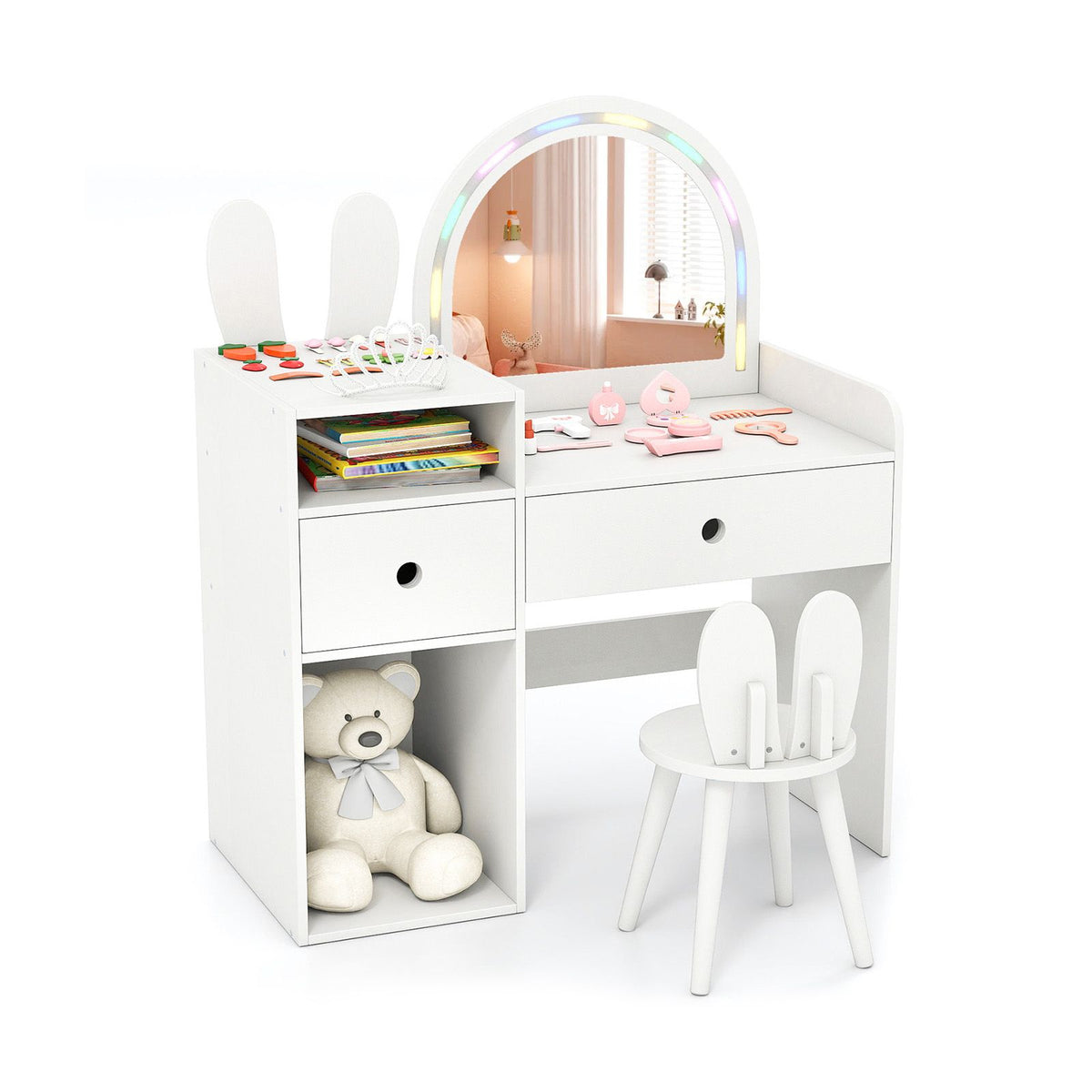 Kids Vanity Desk with Lights Princess Bunny Makeup Table with Lighted Mirror