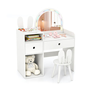 Kids Vanity Desk with Lights Princess Bunny Makeup Table with Lighted Mirror