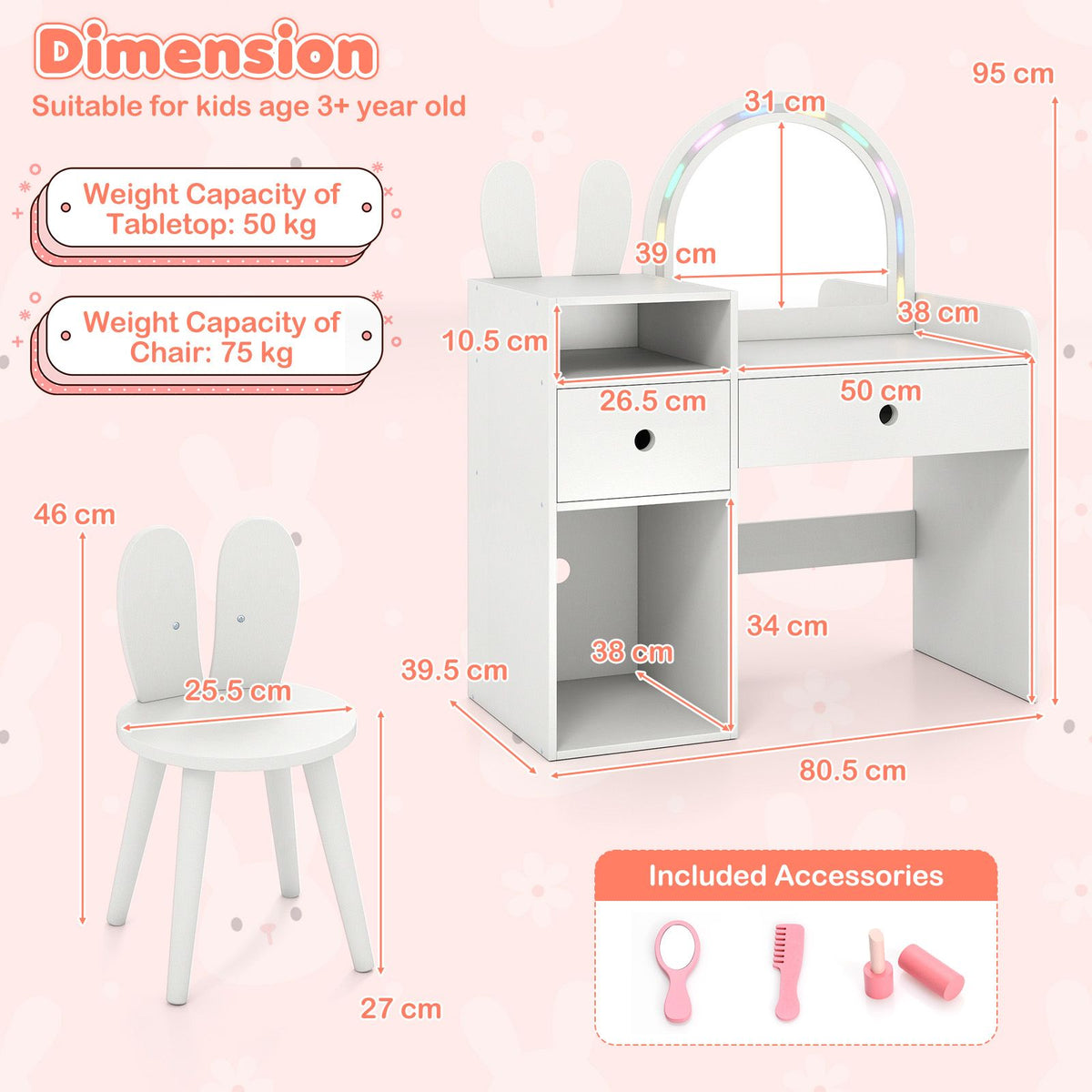 Kids Vanity Desk with Lights Princess Bunny Makeup Table with Lighted Mirror