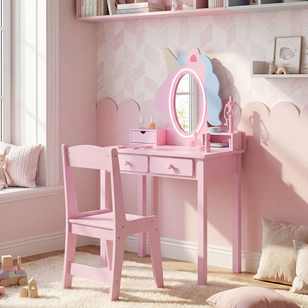 Kids Vanity Set with Lighted Unicorn Mirror and Stool for Girls
