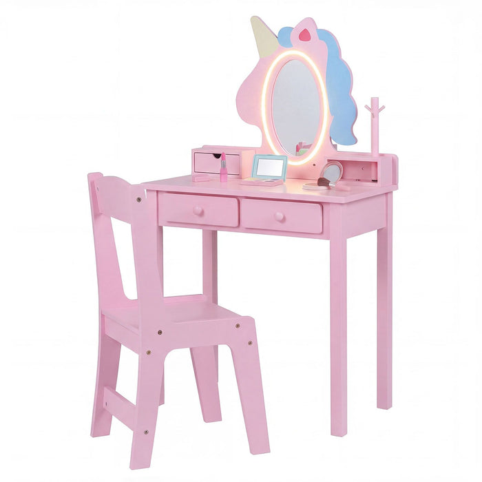 Kids Vanity Set with Lighted Unicorn Mirror and Stool for Girls