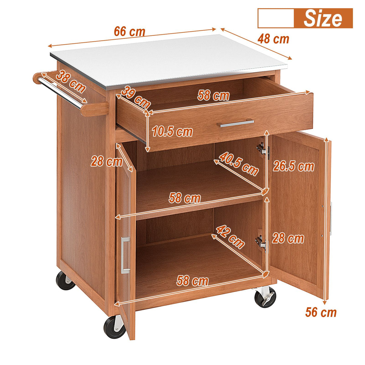 Kitchen Island on Wheels w/ Storage Drawer & Stainless Steel Countertop Adjustable Shelf