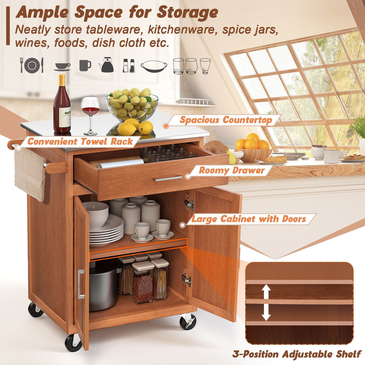 Kitchen Island on Wheels w/ Storage Drawer & Stainless Steel Countertop Adjustable Shelf