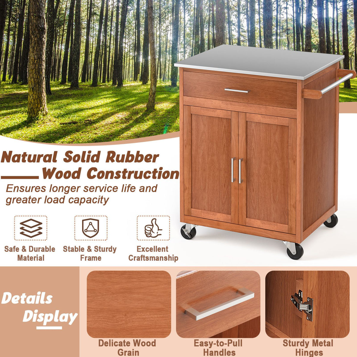 Kitchen Island on Wheels w/ Storage Drawer & Stainless Steel Countertop Adjustable Shelf