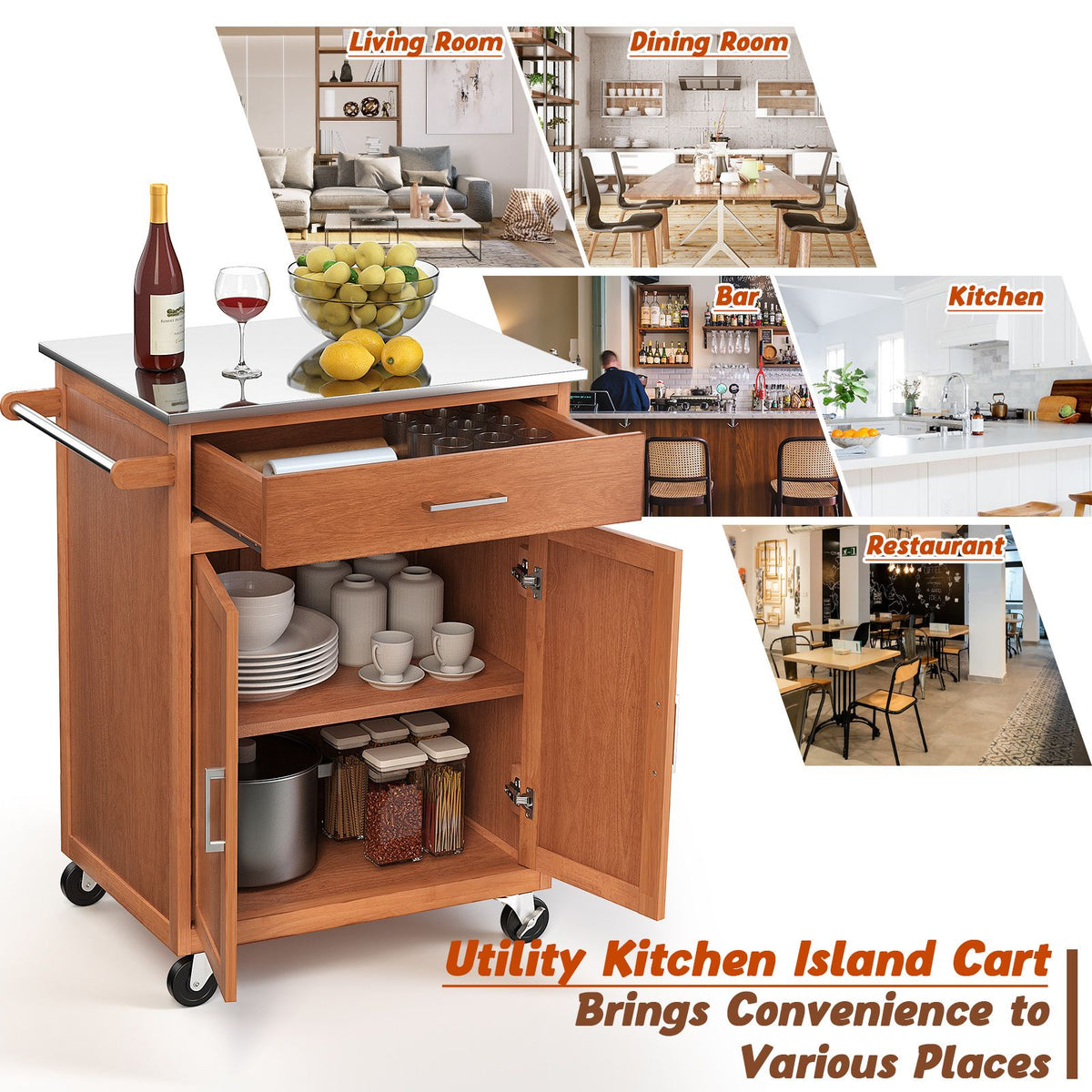 Kitchen Island on Wheels w/ Storage Drawer & Stainless Steel Countertop Adjustable Shelf