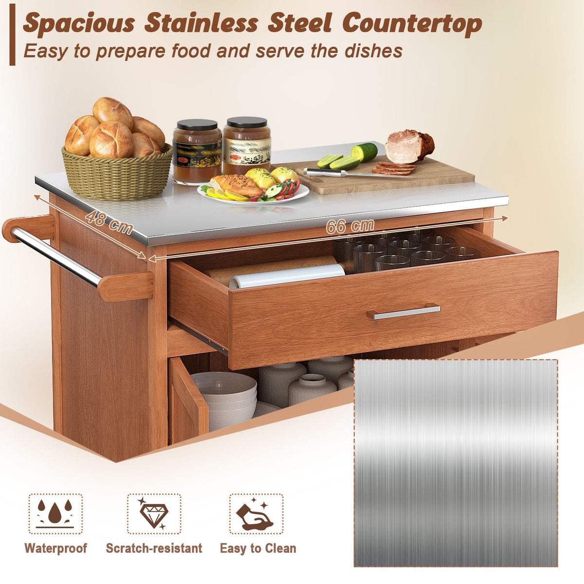 Kitchen Island on Wheels w/ Storage Drawer & Stainless Steel Countertop Adjustable Shelf