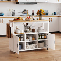 Kitchen Island on Wheels with Rubber Wood Top and Open Shelves