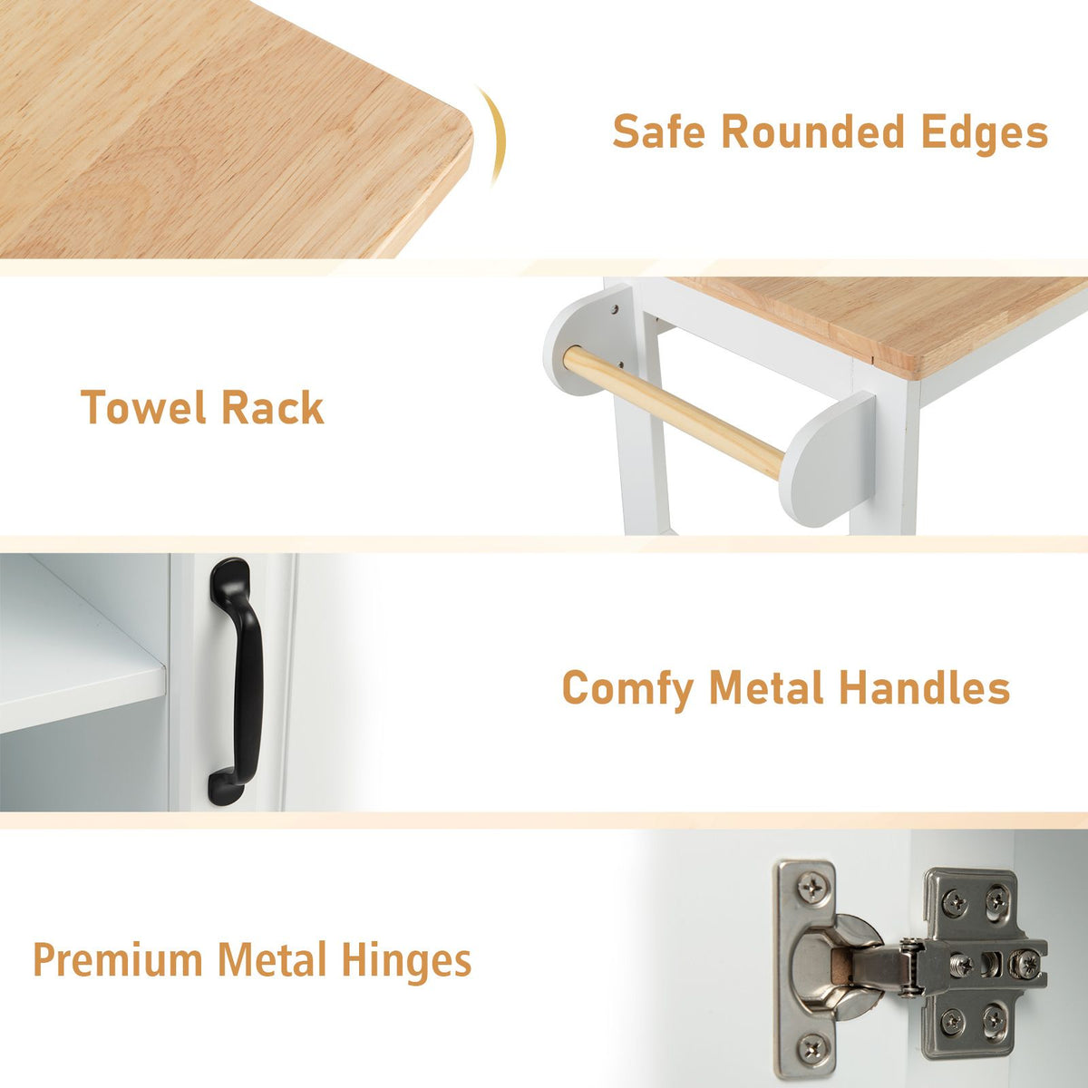Kitchen Island on Wheels with Rubber Wood Top and Open Shelves