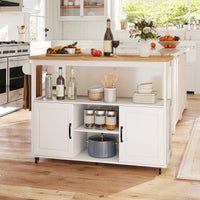 Kitchen Island on Wheels with Rubber Wood Top and Open Shelves