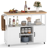 Kitchen Island on Wheels with Rubber Wood Top and Open Shelves