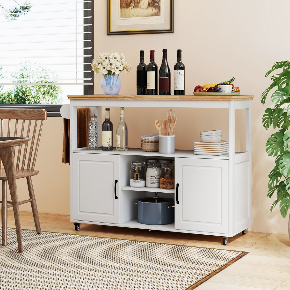 Kitchen Island on Wheels with Rubber Wood Top and Open Shelves